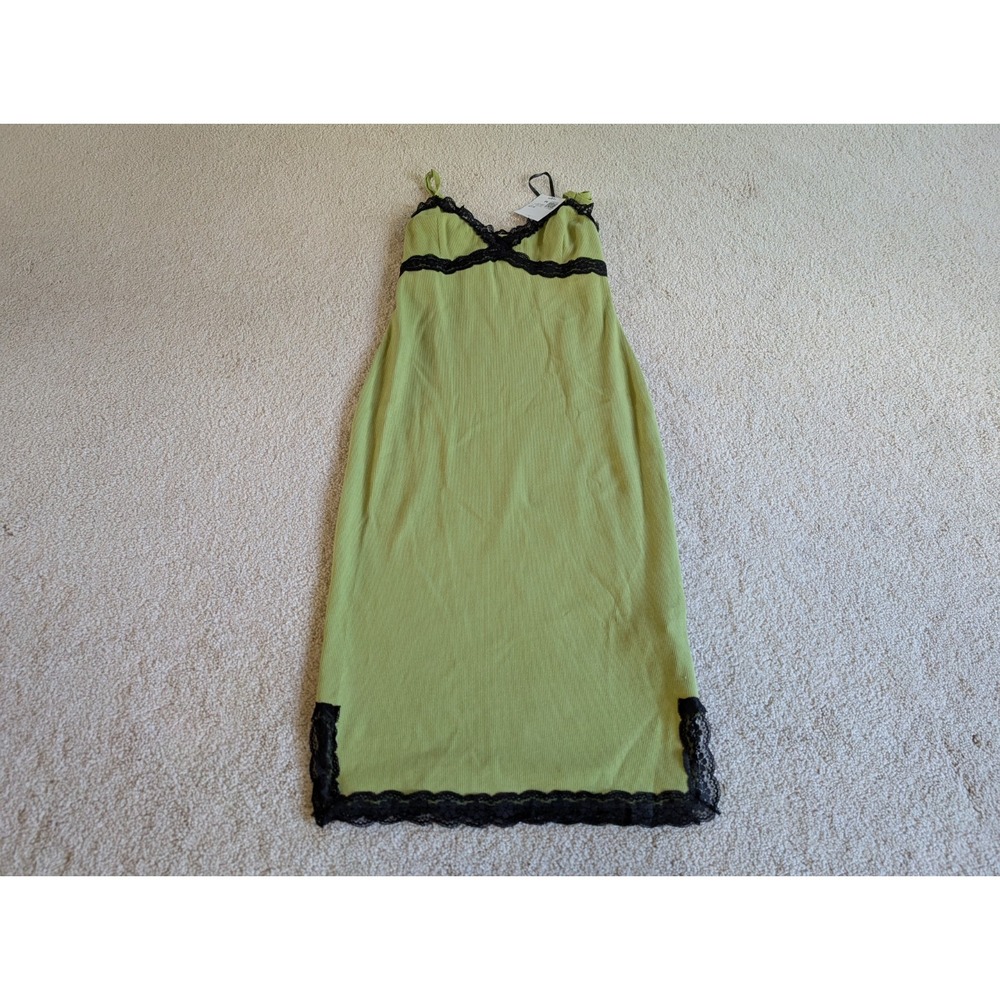 Forever 21 Green Black Lace Trim Ribbed Midi Straight Dress Womens Size Medium
